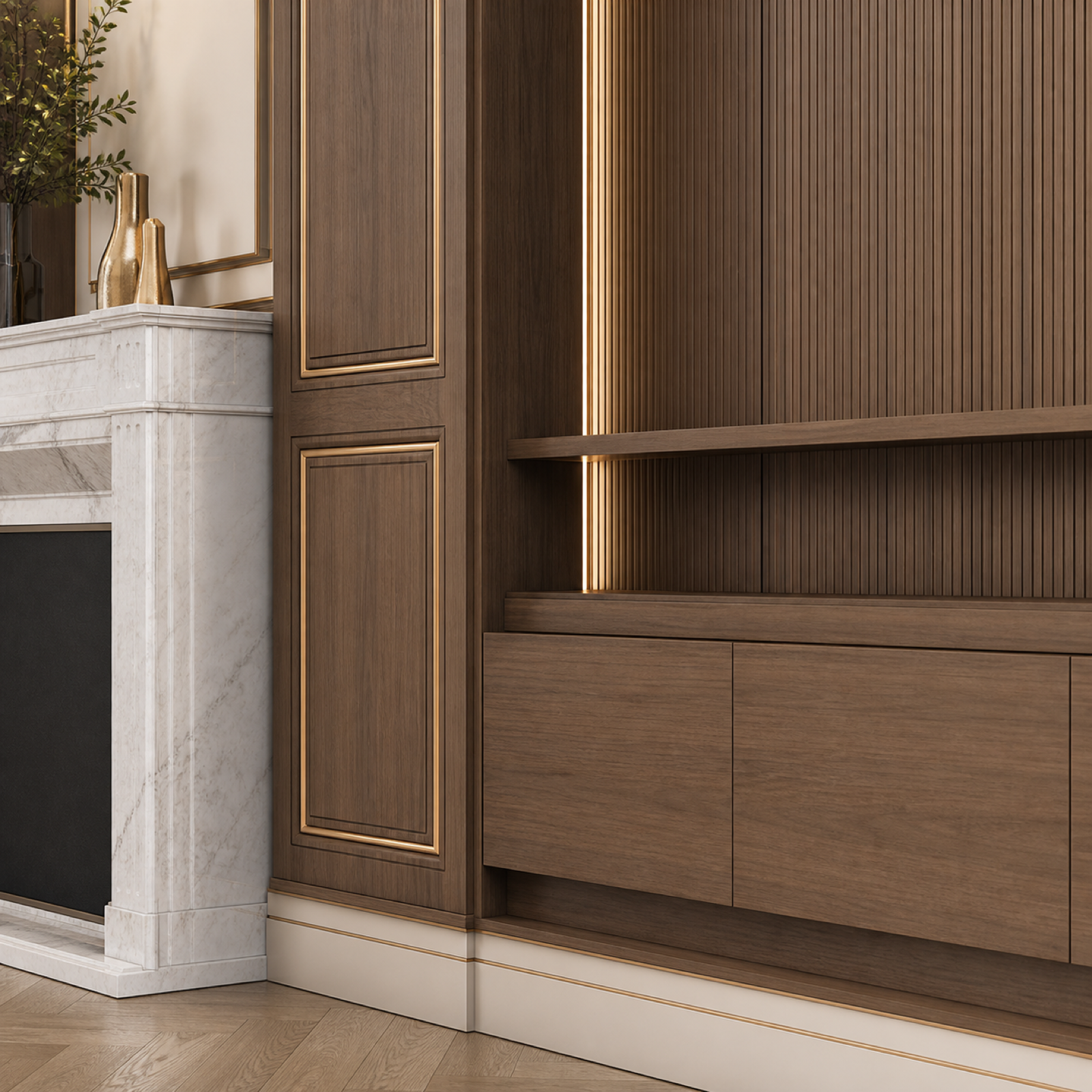 Fadior Veneto Living Room Suite with Walnut Boiserie Audio Niche — close-up of stainless steel finish and hardware detail