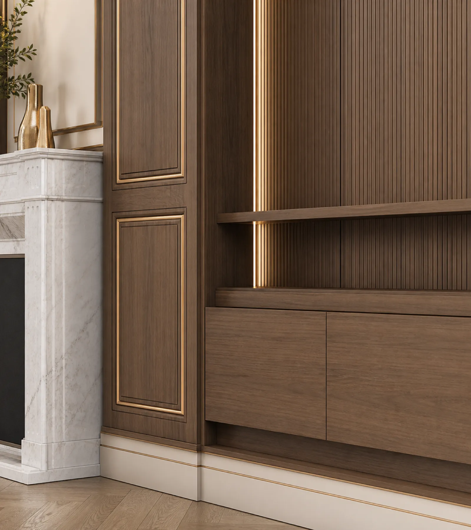 Suite de Salón Veneto con Nicho de Audio Boiserie de Nogal acabado y detalle