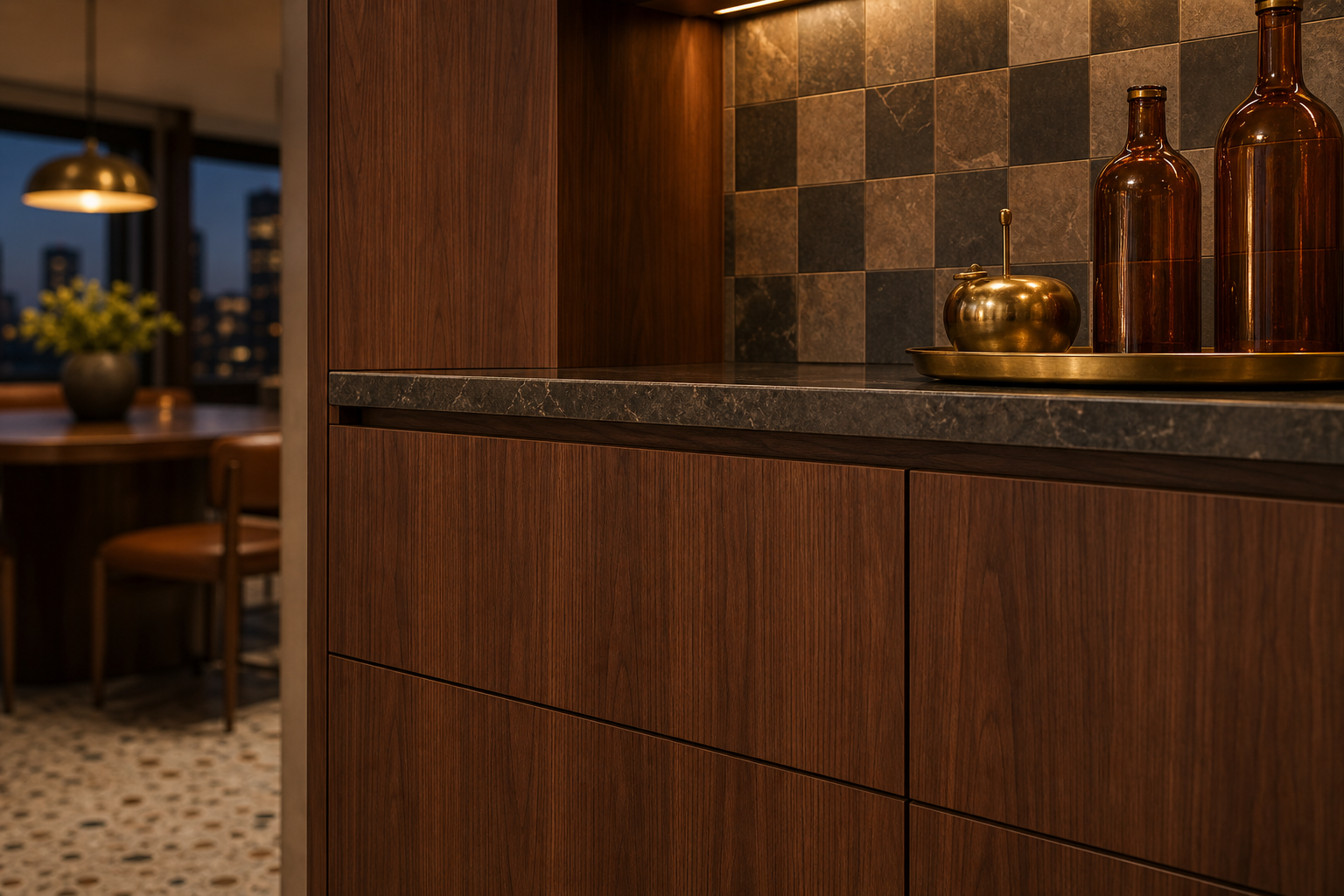 Fadior Forge Kitchen Suite with Walnut Checkerboard Prep Wall — close-up of stainless steel finish and hardware detail