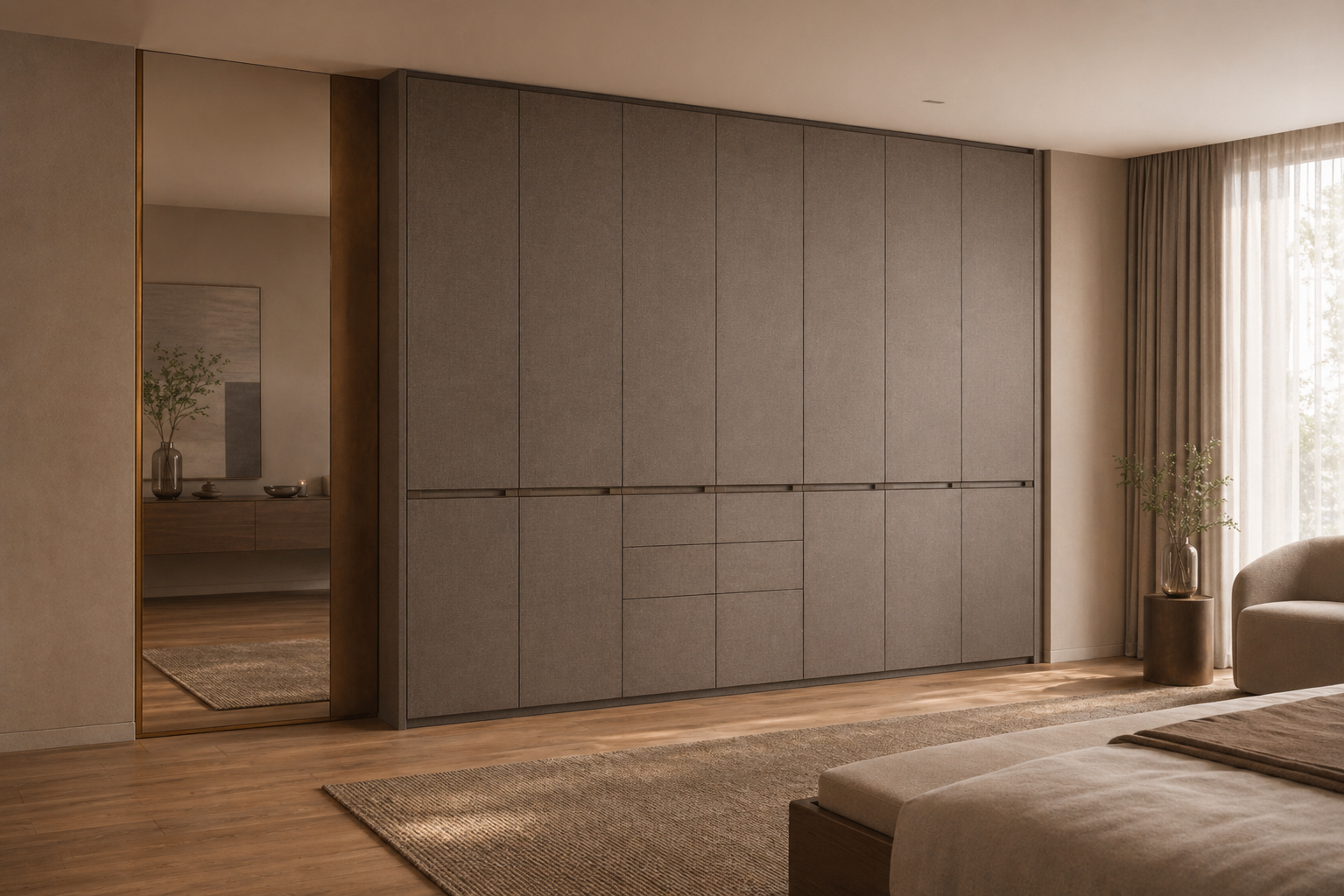 Fadior Eclipse Wardrobe Suite with Smoked Linen Dressing Wall — lifestyle setting with natural light and residential styling