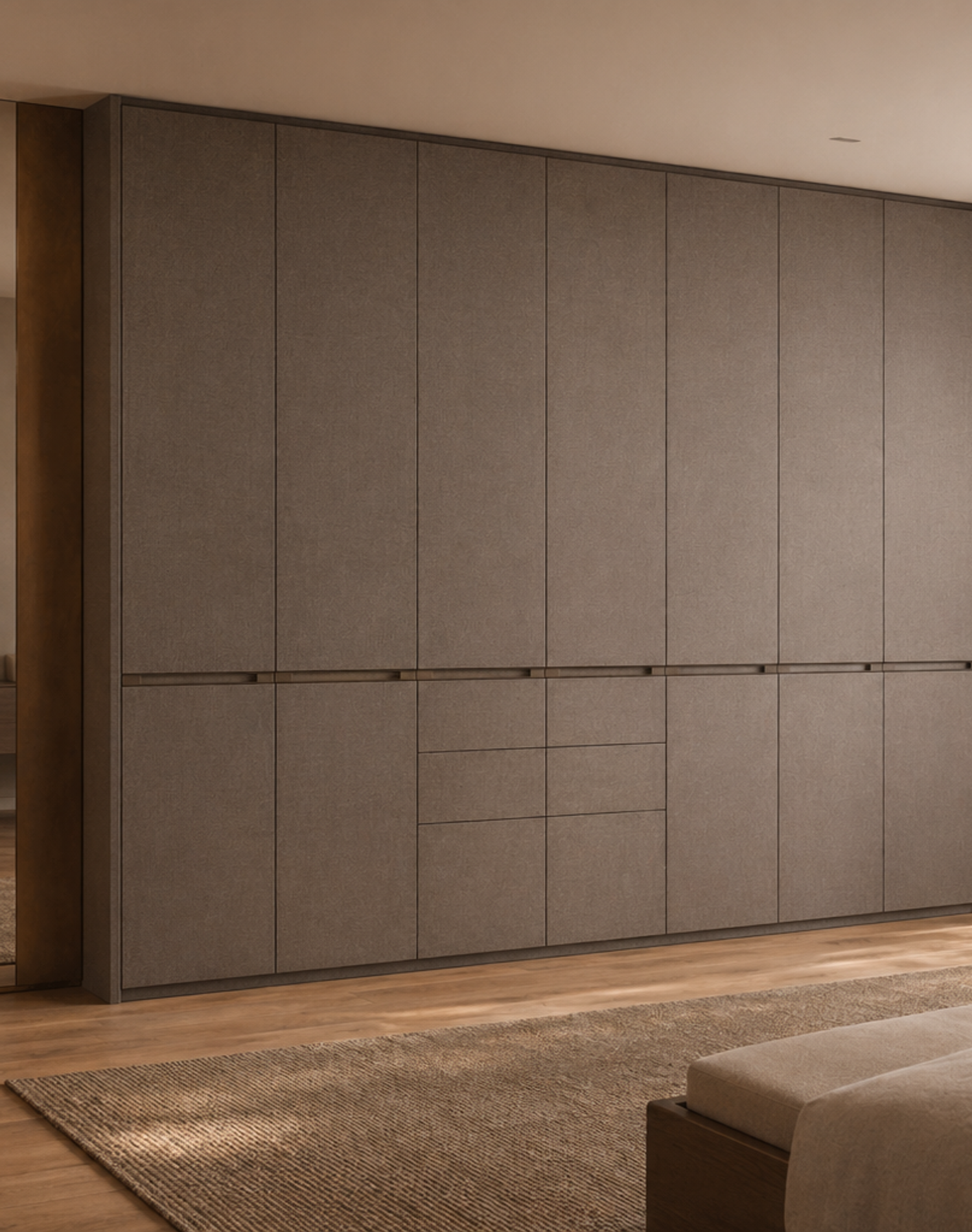 Fadior Eclipse Wardrobe Suite with Smoked Linen Dressing Wall — lifestyle setting with natural light and residential styling