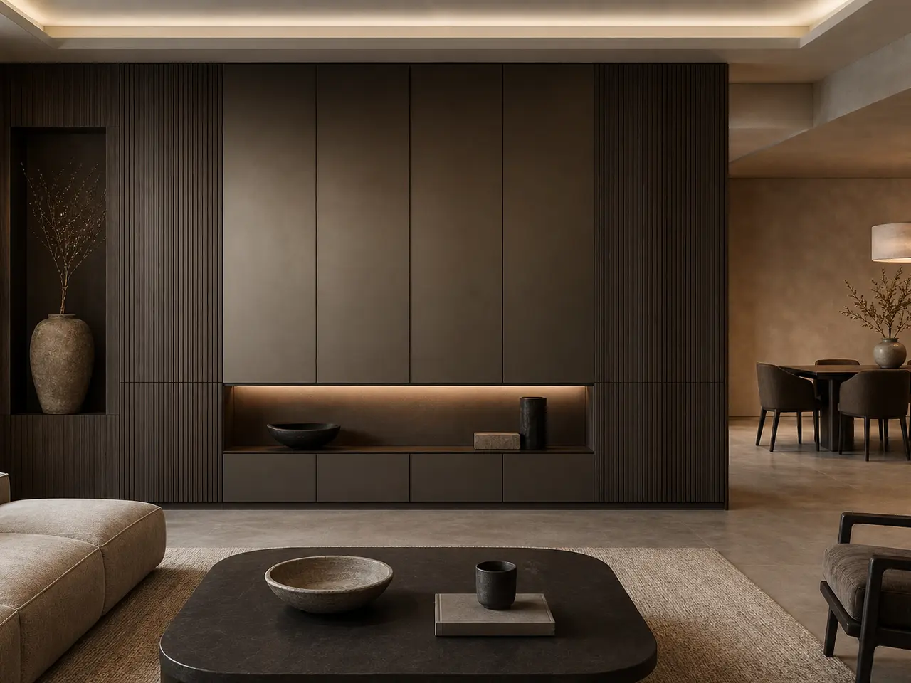 Fadior Miroir Wall Panel Suite with Bronze Shadow Rhythm - 304 stainless steel wall panel system with textured surfaces, shadow reveals, integrated lighting, and concealed doors