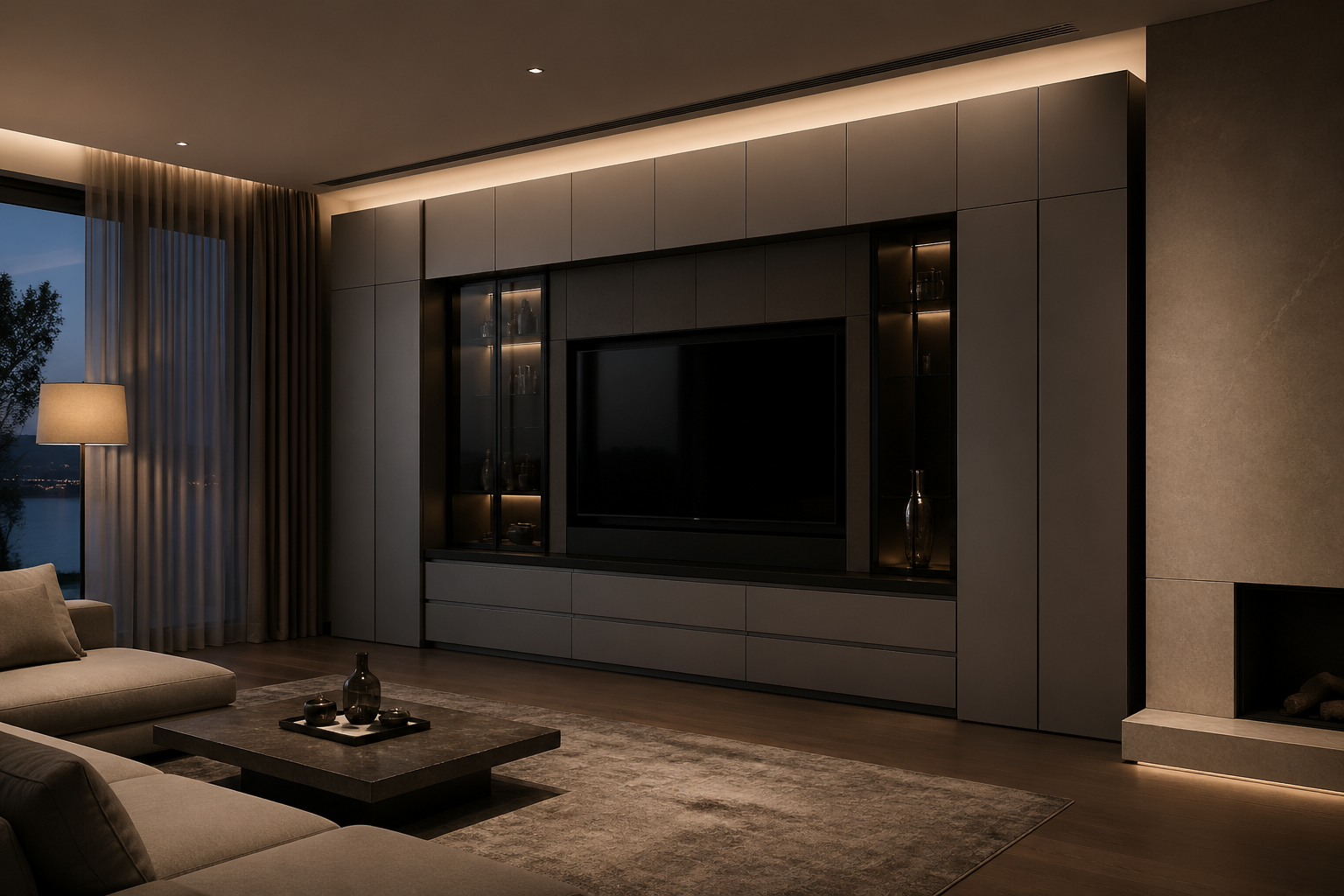 Fadior Essence Living Room Suite with Satin Shadow Media Wall — lifestyle setting with natural light and residential styling