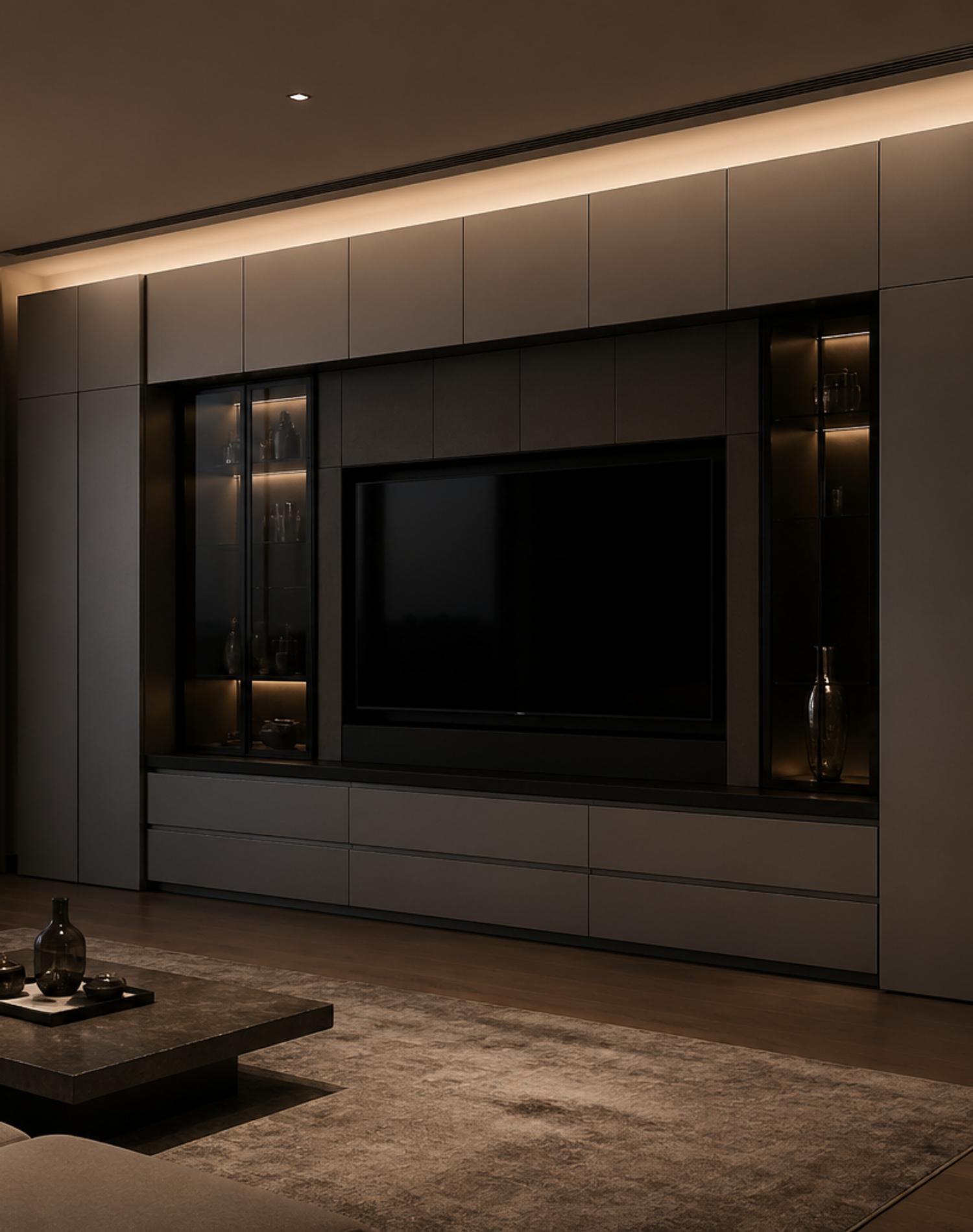 Fadior Essence Living Room Suite with Satin Shadow Media Wall — lifestyle setting with natural light and residential styling