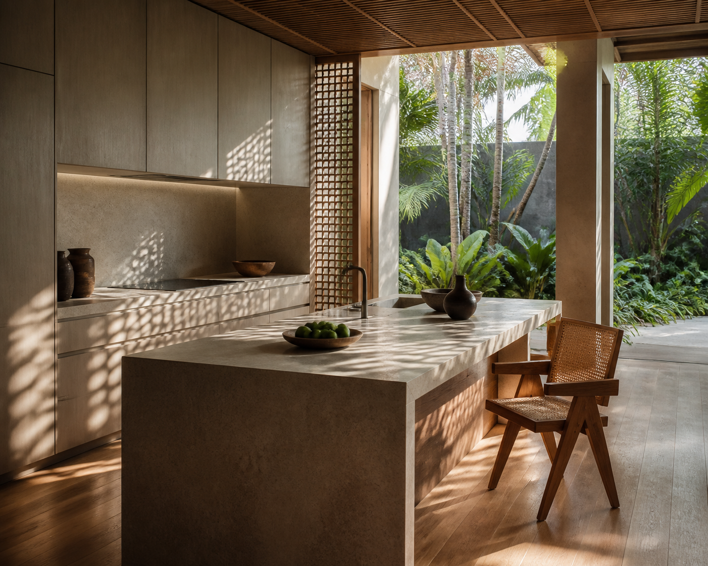 Fadior Ubud 220 sqm Kitchen Villa — stone island, sink, timber cabinet wall, cane chair, palm garden.