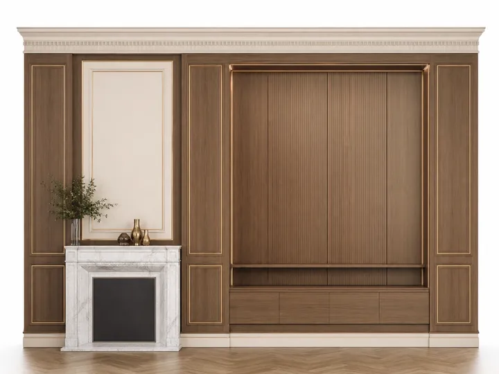 Fadior Veneto Living Room Suite with Walnut Boiserie Audio Niche — 304 stainless steel living room system, front view