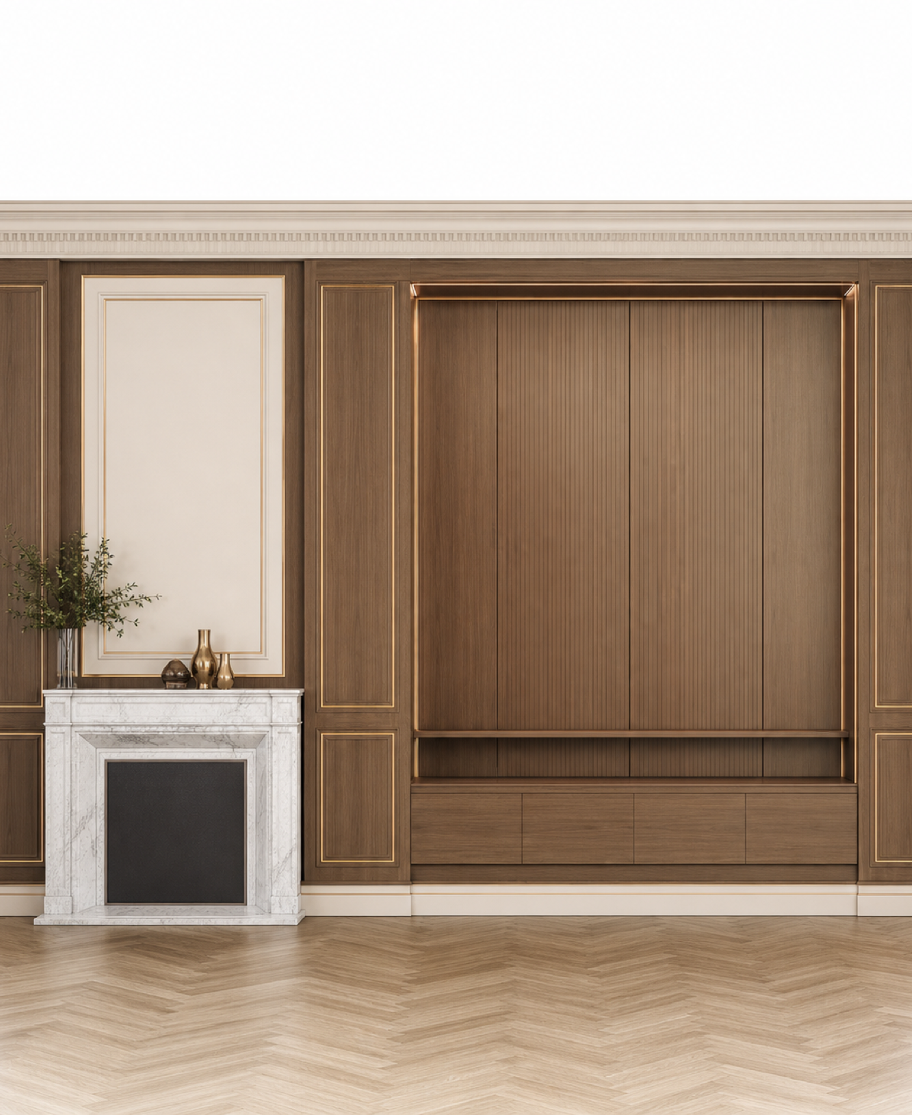 Fadior Veneto Living Room Suite with Walnut Boiserie Audio Niche — 304 stainless steel living room system, front view