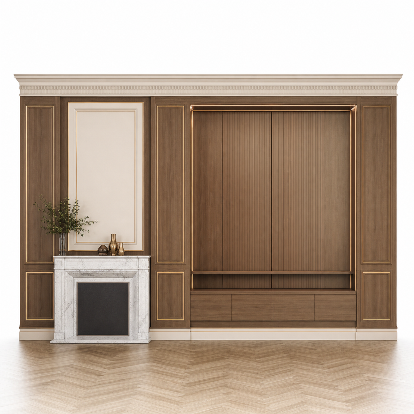 Fadior Veneto Living Room Suite with Walnut Boiserie Audio Niche — 304 stainless steel living room system, front view