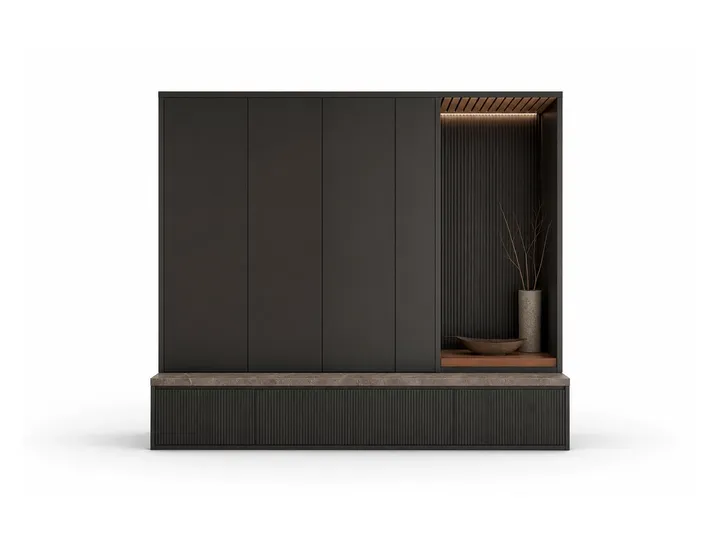 Fadior Ecliptic Entryway Suite with Reeded Shoe Plinth Gallery — 304 stainless steel entryway system, front view