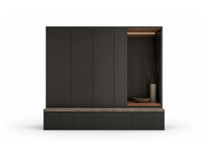 Fadior Ecliptic Entryway Suite with Reeded Shoe Plinth Gallery — 304 stainless steel entryway system, front view