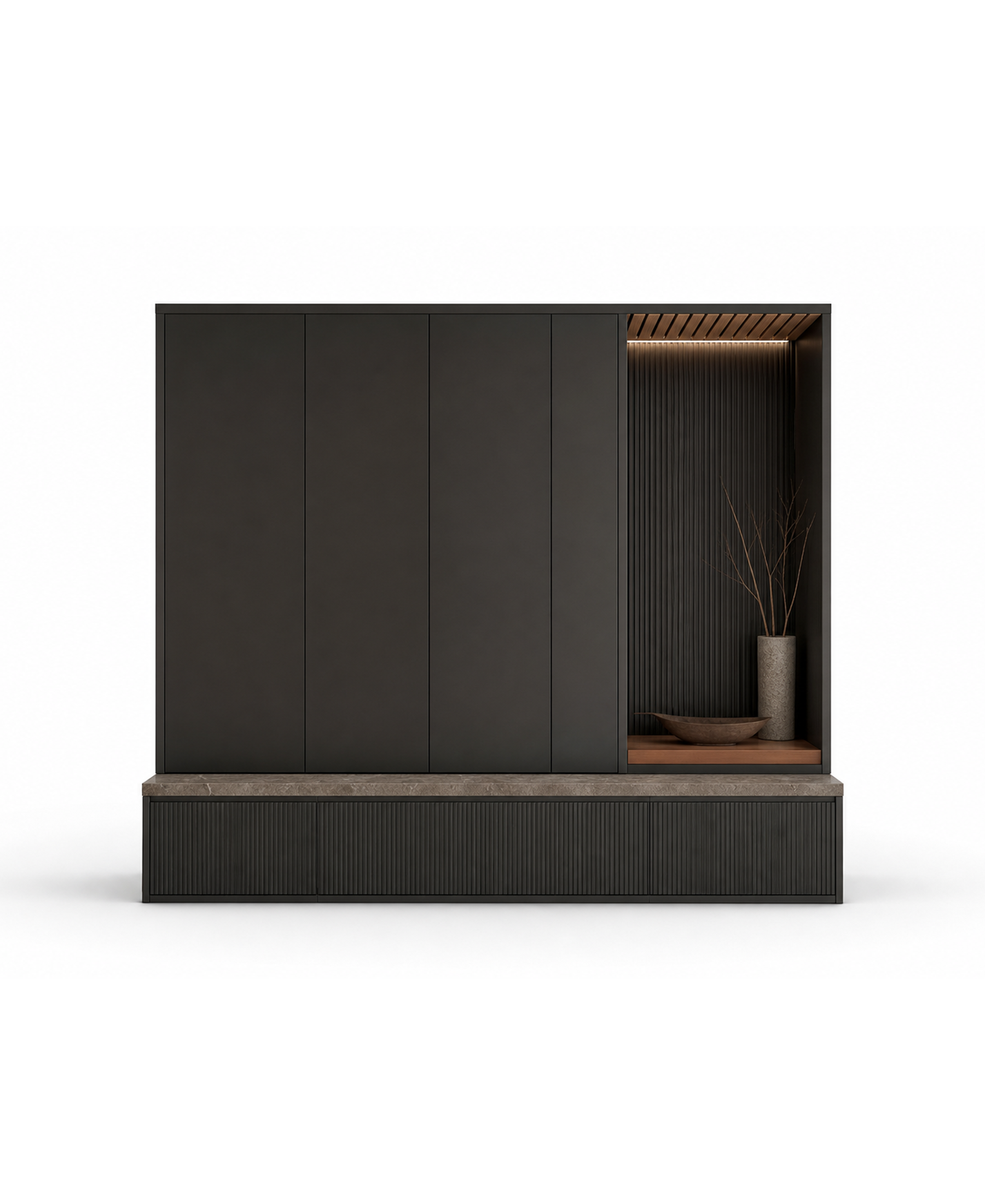 Fadior Ecliptic Entryway Suite with Reeded Shoe Plinth Gallery — 304 stainless steel entryway system, front view