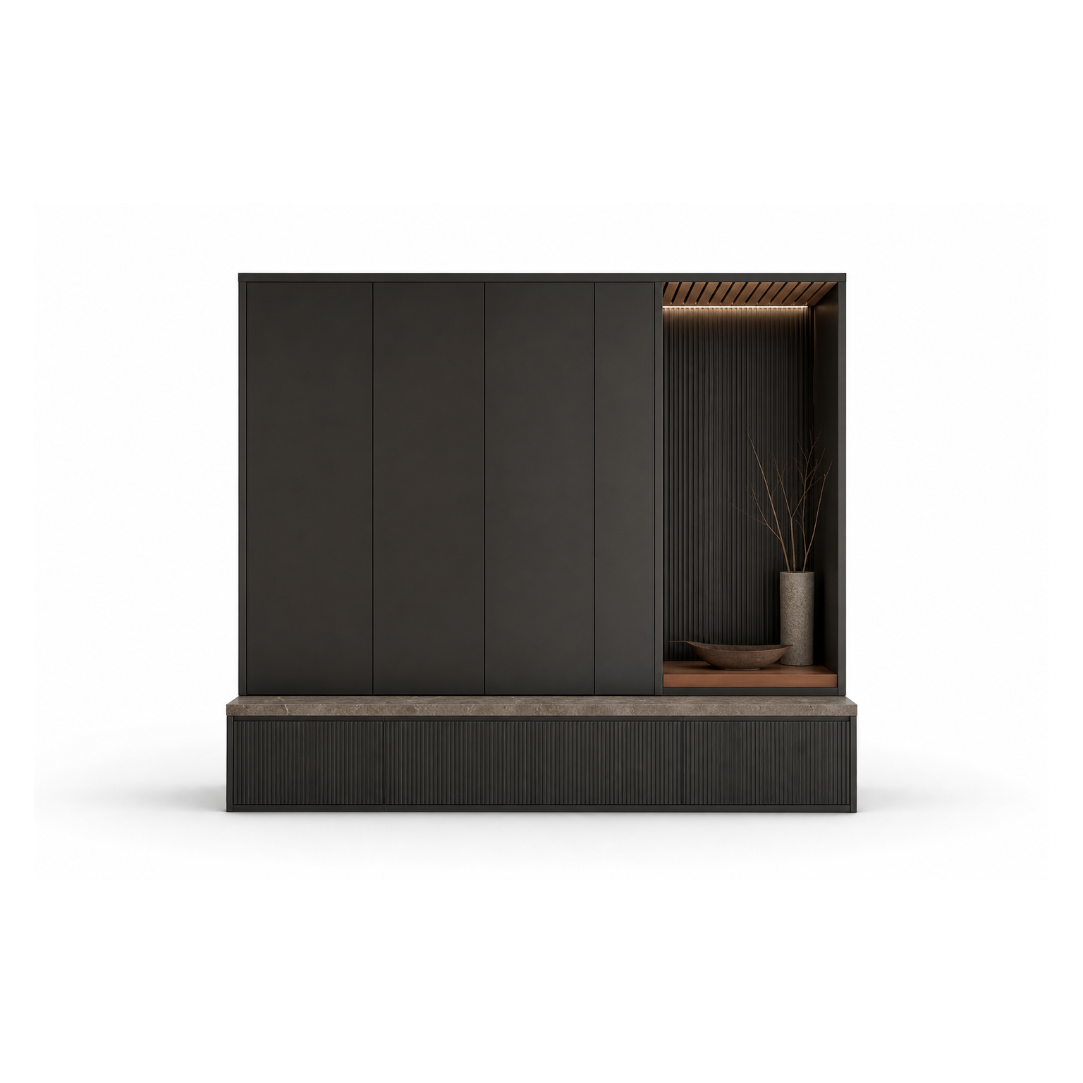Fadior Ecliptic Entryway Suite with Reeded Shoe Plinth Gallery — 304 stainless steel entryway system, front view