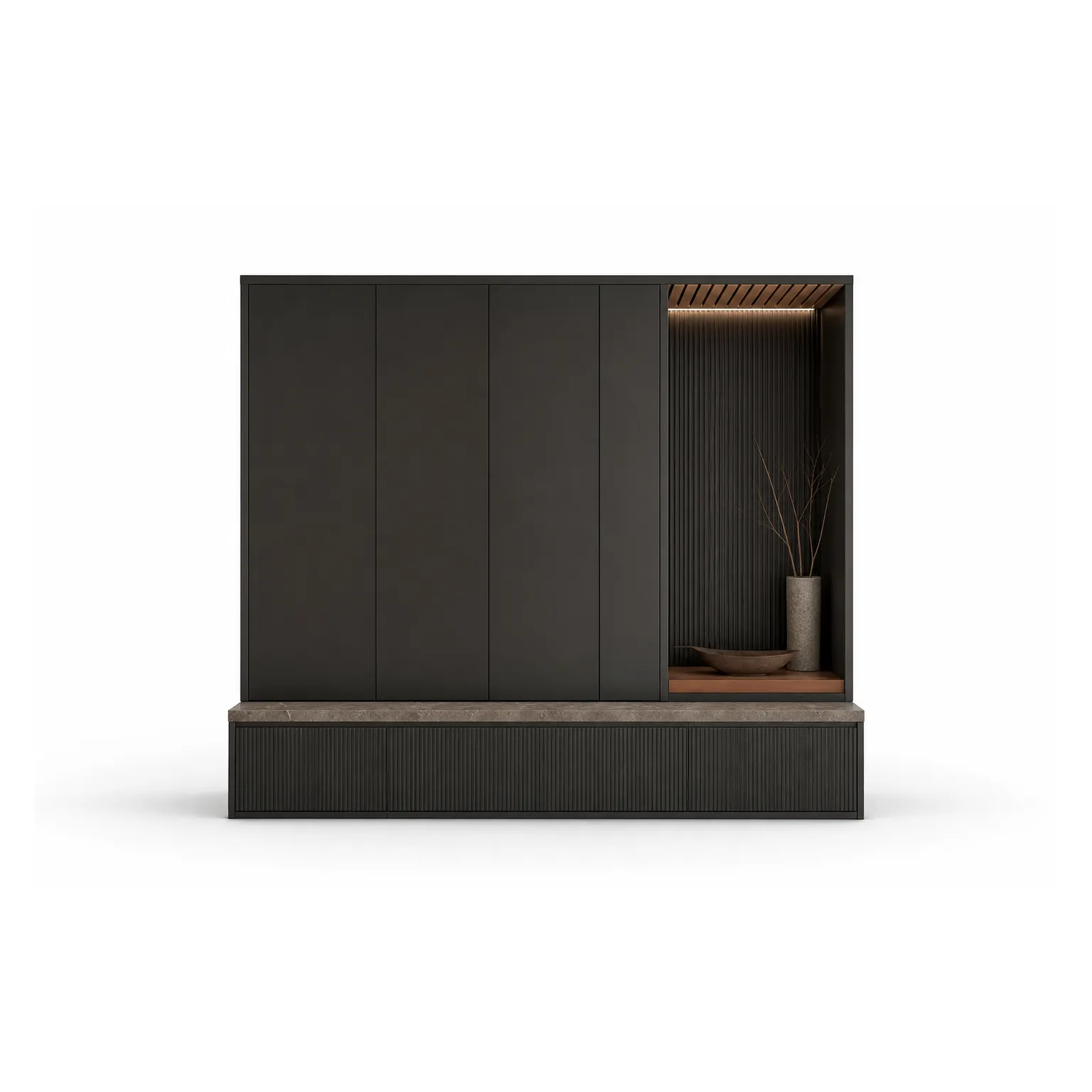 Fadior Ecliptic Entryway Suite with Reeded Shoe Plinth Gallery — 304 stainless steel entryway system, front view