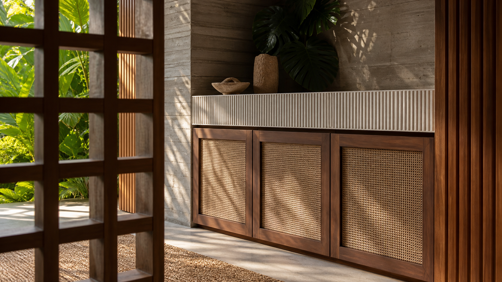 Fadior Grotto Wine Cabinet Suite with Fluted Quartz Aperitif Wall — close-up of stainless steel finish and hardware detail