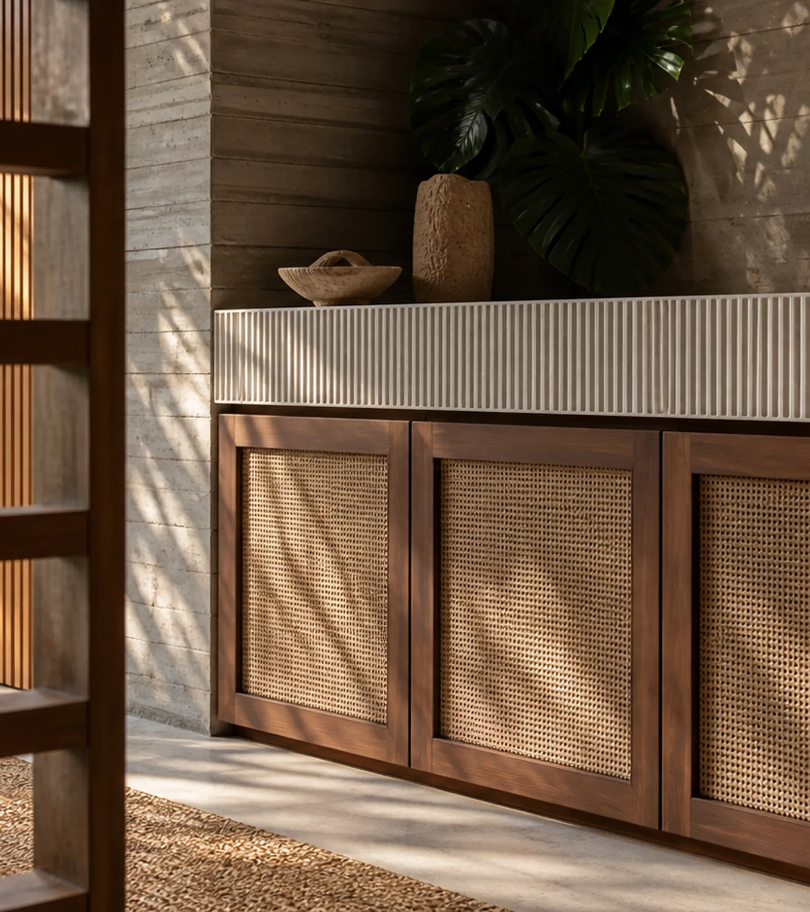 Fadior Grotto Wine Cabinet Suite with Fluted Quartz Aperitif Wall — close-up of stainless steel finish and hardware detail