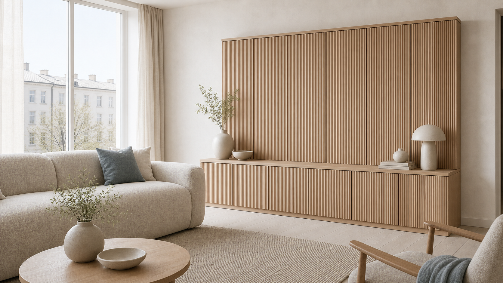 Fadior Silvan Living Room Suite with Fluted Sofa Library Wall — lifestyle setting with natural light and residential styling