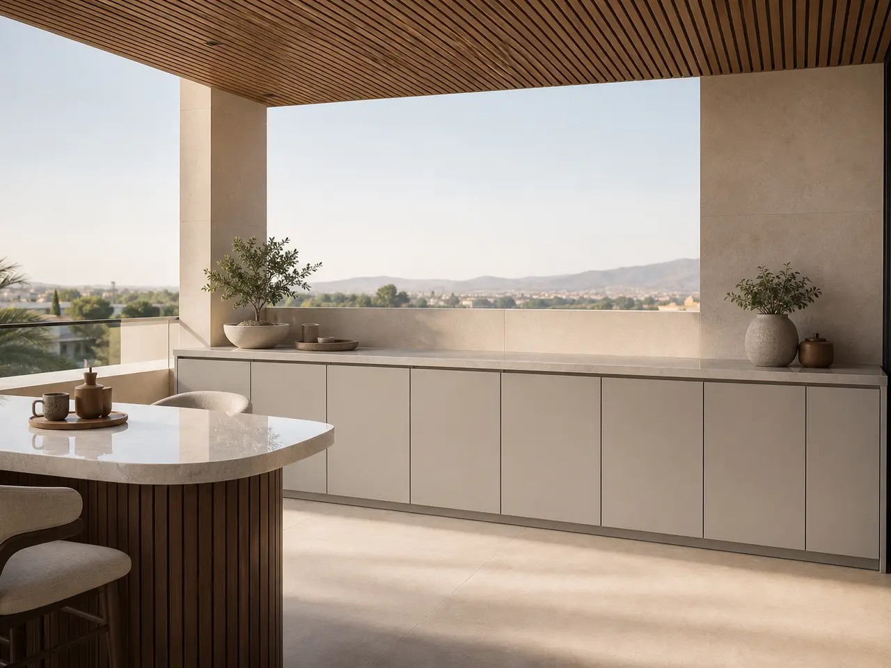Fadior Aurora Balcony Suite with Porcelain Parapet Console — 304 stainless steel balcony system, front view