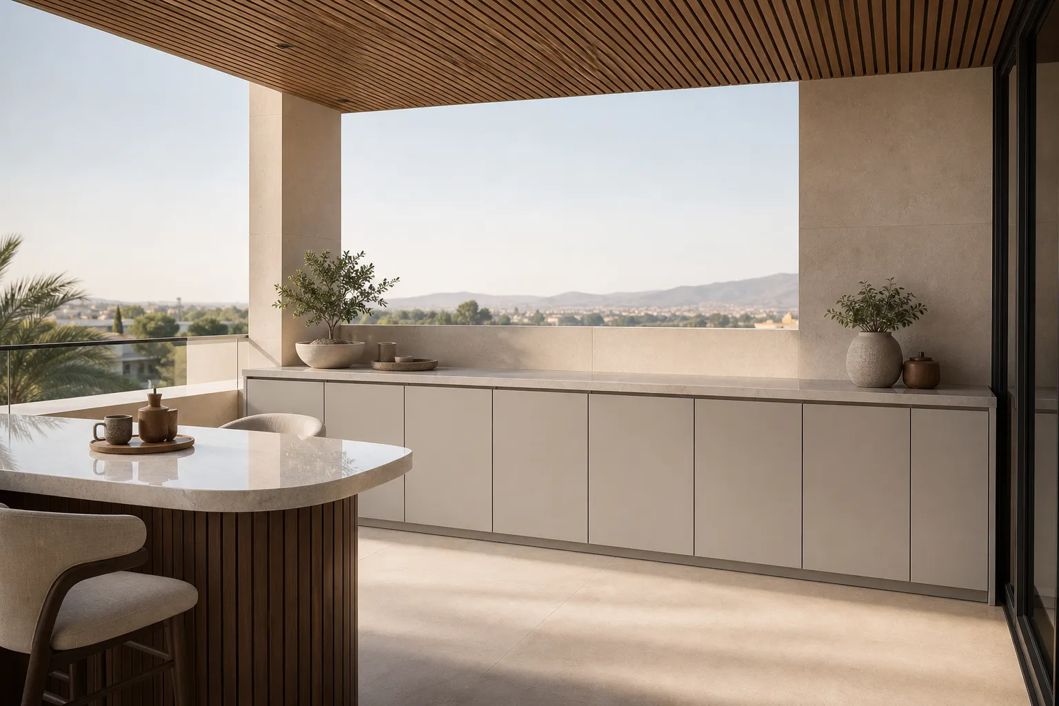 Fadior Aurora Balcony Suite with Porcelain Parapet Console — 304 stainless steel balcony system, front view