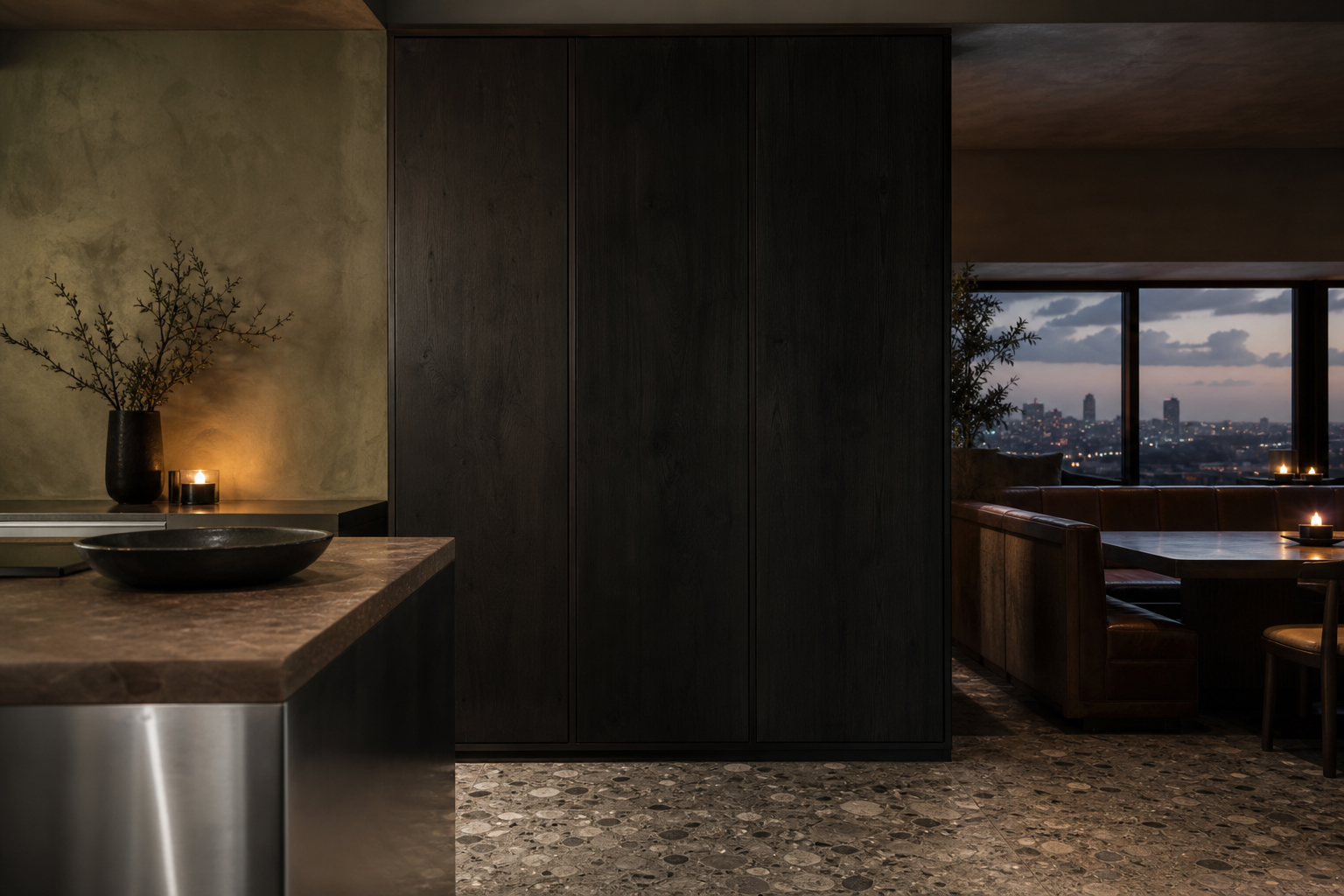 Fadior Brisbane 180 sqm Kitchen Penthouse — counter surface, smoked oak cabinet, plaster wall, terrazzo floor, city window