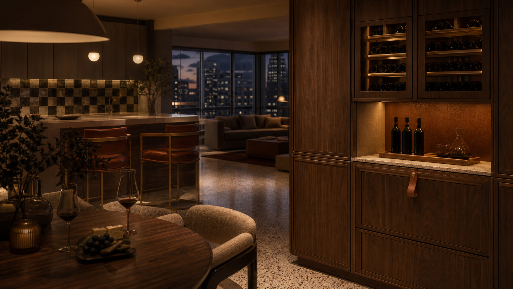 Fadior Cru Wine Cabinet Suite with Moonlit Sommelier Pouring Plinth — lifestyle setting with natural light and residential