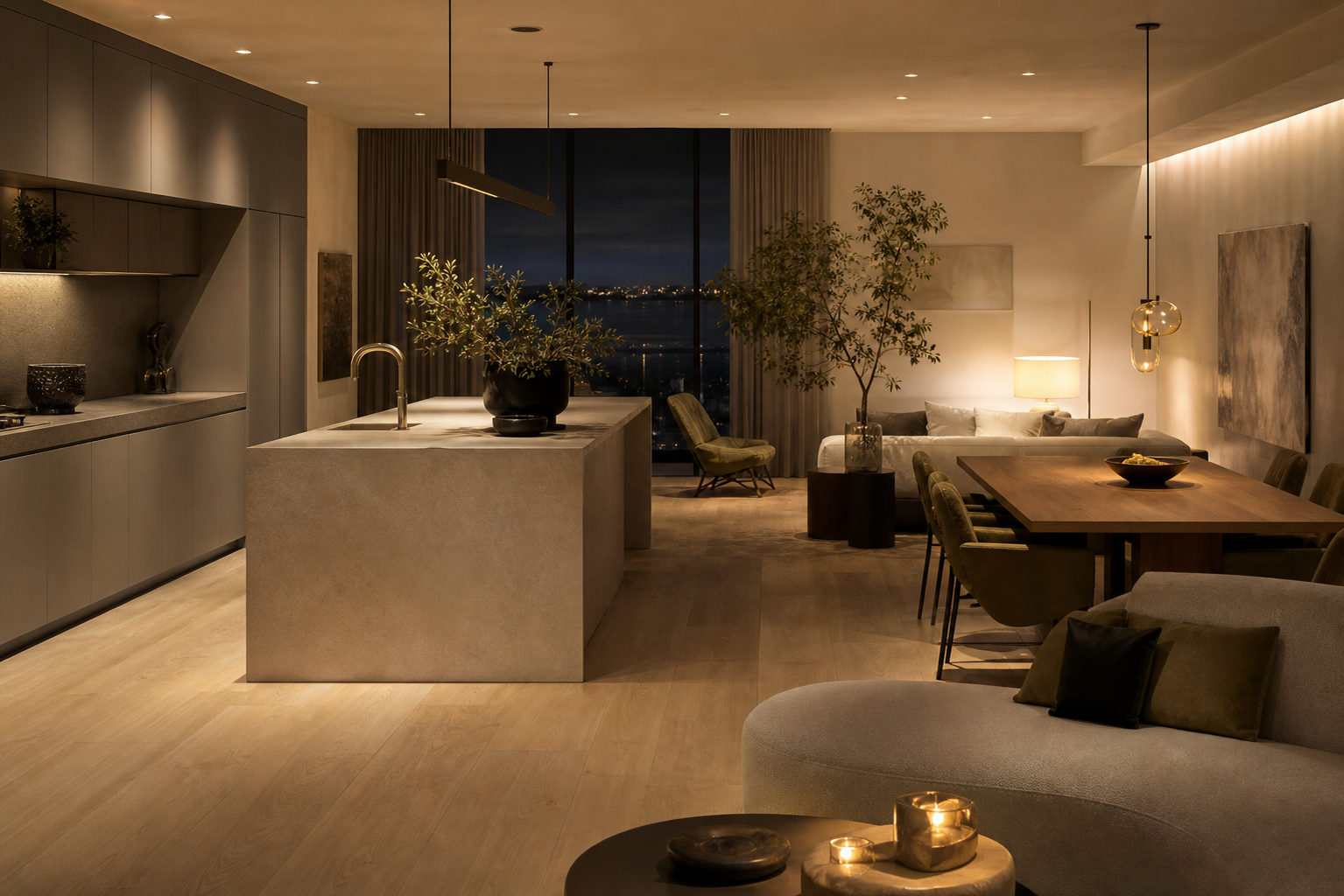 Fadior Lifestyle context: evening open-plan kitchen and dining space with muted cabinetry, oak accents, pale stone,