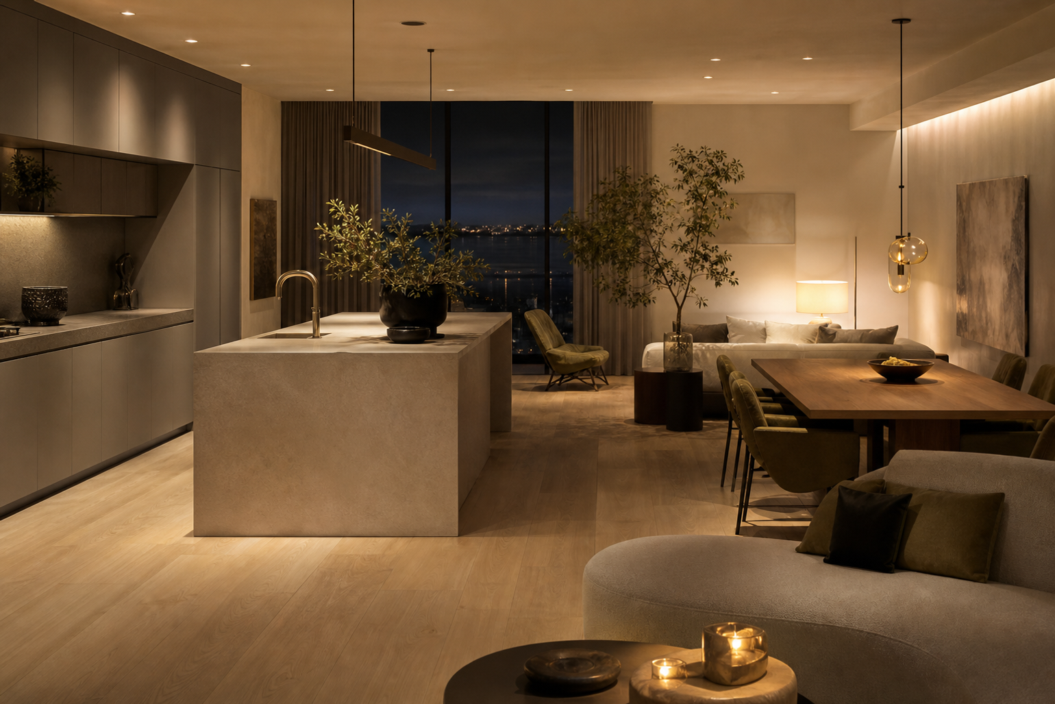 Lifestyle context: evening open-plan kitchen and dining space with muted cabinetry, oak accents, pale stone, and quiet hospitality.