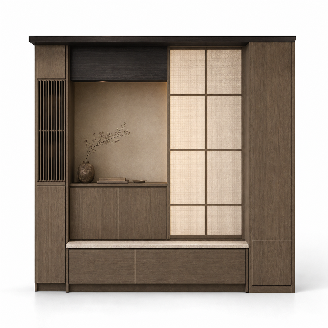Fadior Loggia Entryway Suite with Cane Mail Bench Alcove — 304 stainless steel entryway system, front view