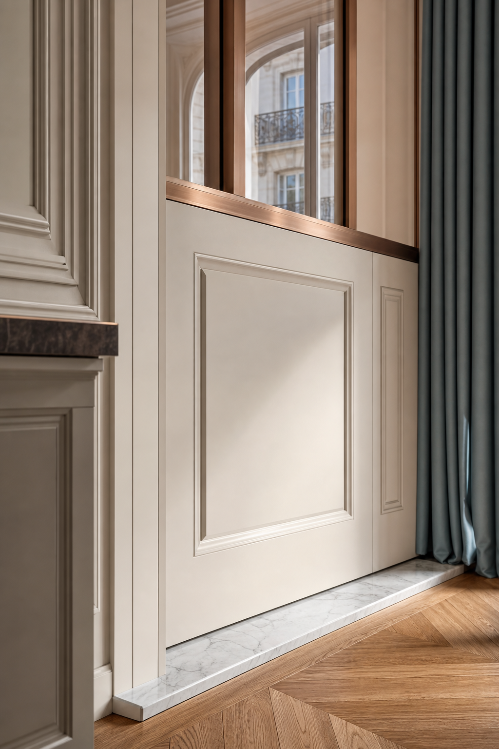 Suite de Puerta Interior Alabaster con Puerta Pivotante Clerestory Bronce acabado y detalle