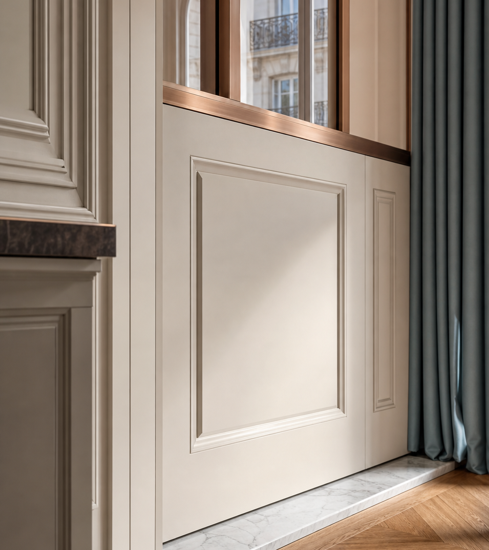 Fadior Alabaster Interior Door Suite with Bronze Clerestory Pivot Door — close-up of stainless steel finish and hardware