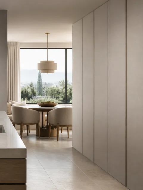 Fadior Terrazzo Wall Panel Suite with Sintered Stone Transit Datum — 304 stainless steel wall panel system, front view