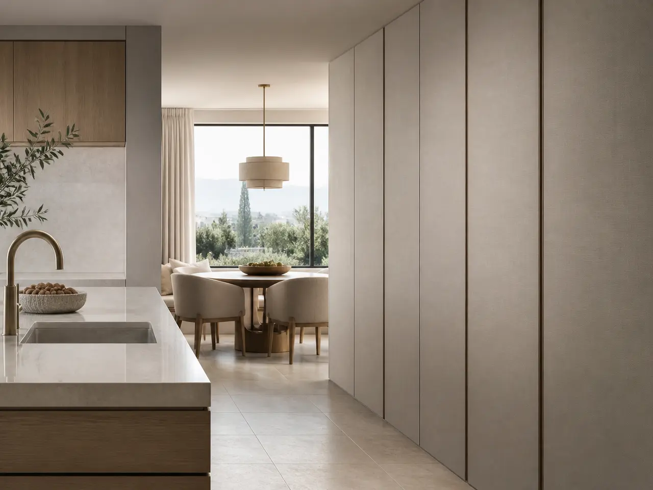 Fadior Terrazzo Wall Panel Suite with Sintered Stone Transit Datum — 304 stainless steel wall panel system, front view