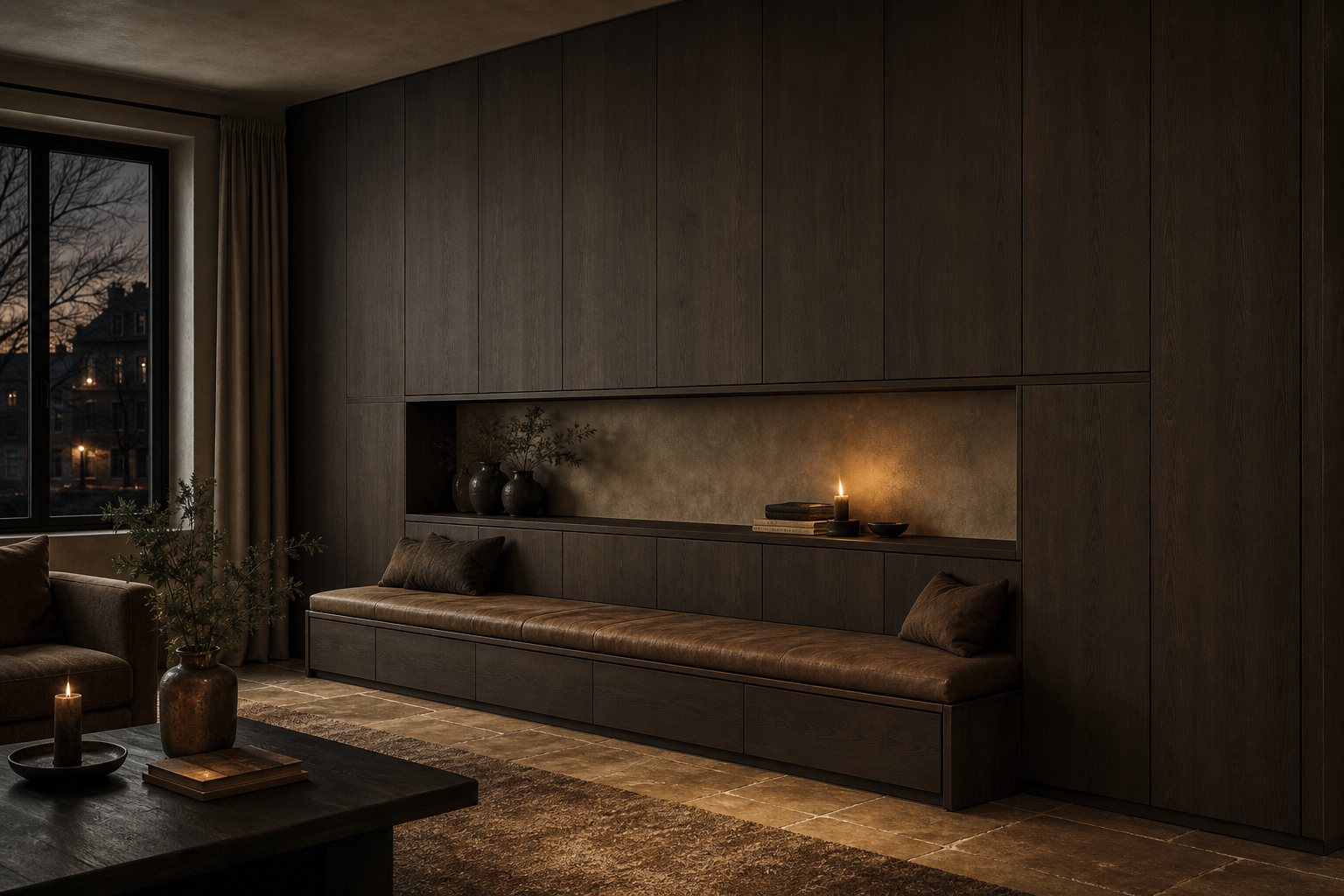 Fadior Zenith Living Room Suite with Window Bench Archive Wall — interior room context showing cabinet integration