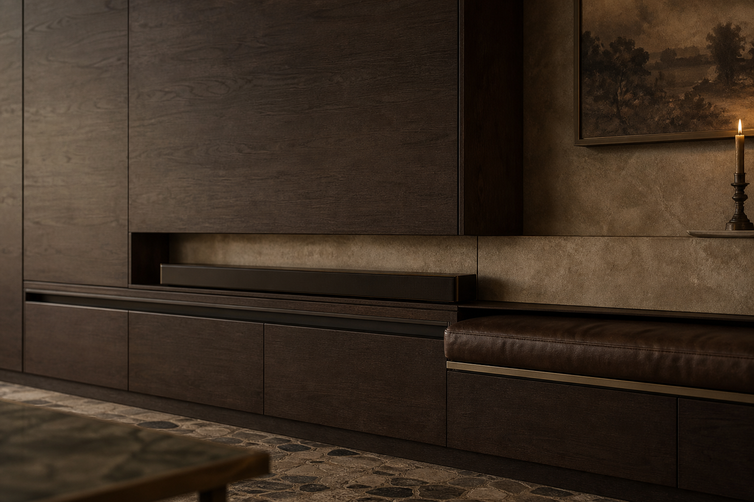 Fadior Zenith Living Room Suite with Pivot Gallery Sound Bar — close-up of stainless steel finish and hardware detail