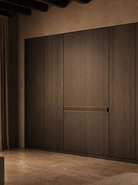 Conjunto de gabinete de vinos Gloria con pared de degustación acanalada de perla