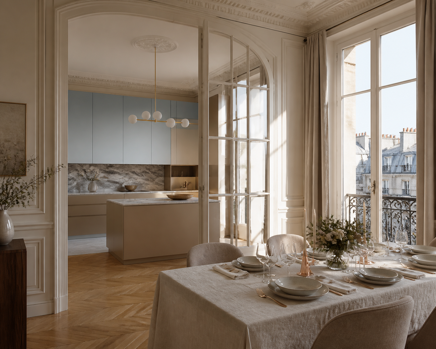 Paris dining kitchen with soft slate blue cabinetry and a set table, lifestyle context for long-hold material choices.