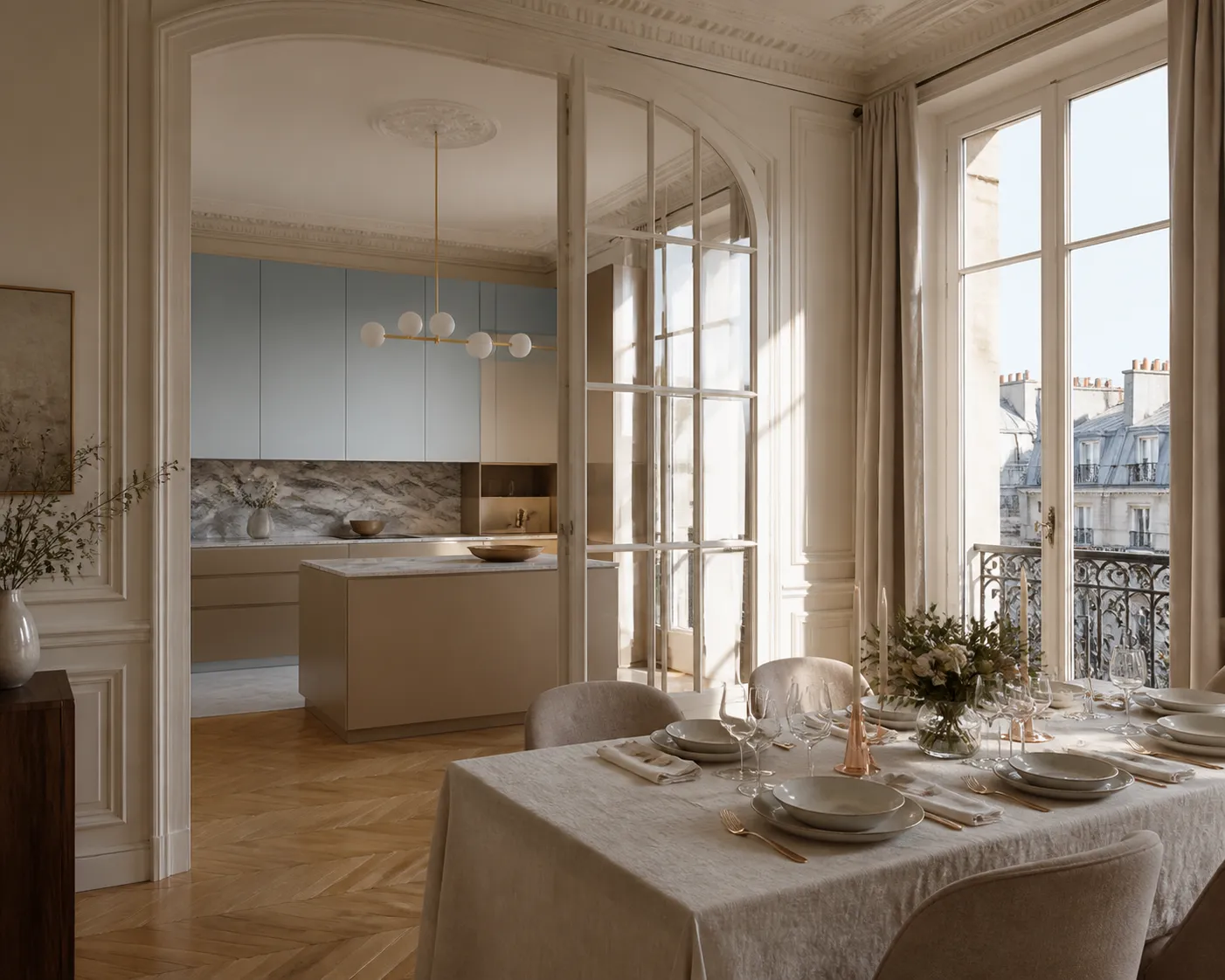 Paris dining kitchen with soft slate blue cabinetry and a set table, lifestyle context for long-hold material choices.