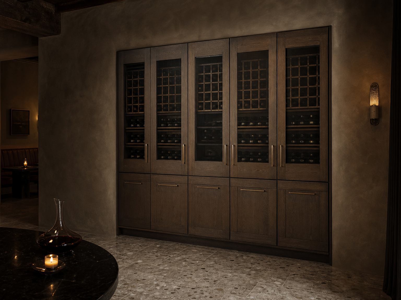 Fadior Grotto Wine Cabinet Suite with Cove Decanter Pantry — interior room context showing cabinet integration