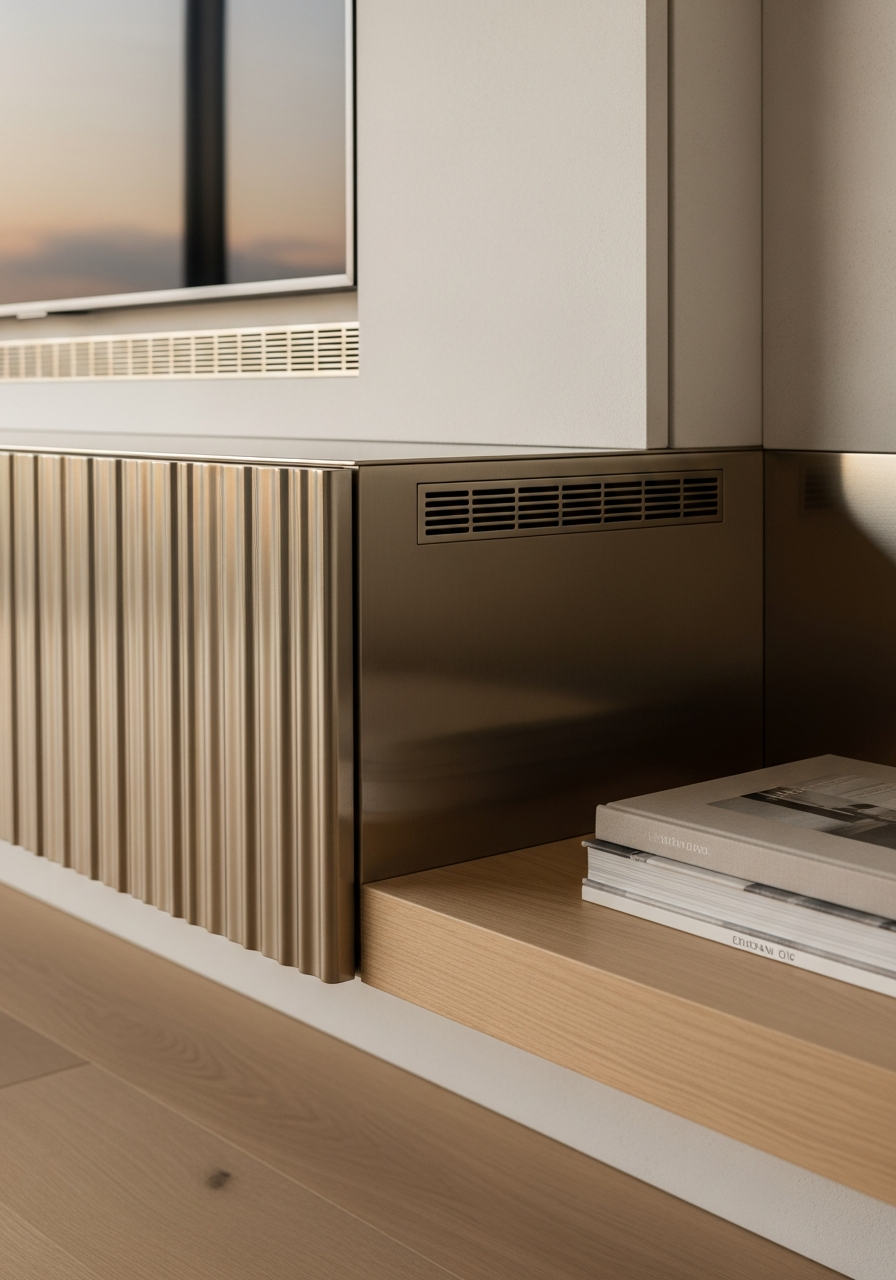 Fadior Essence Media Wall — close-up of stainless steel finish and hardware detail