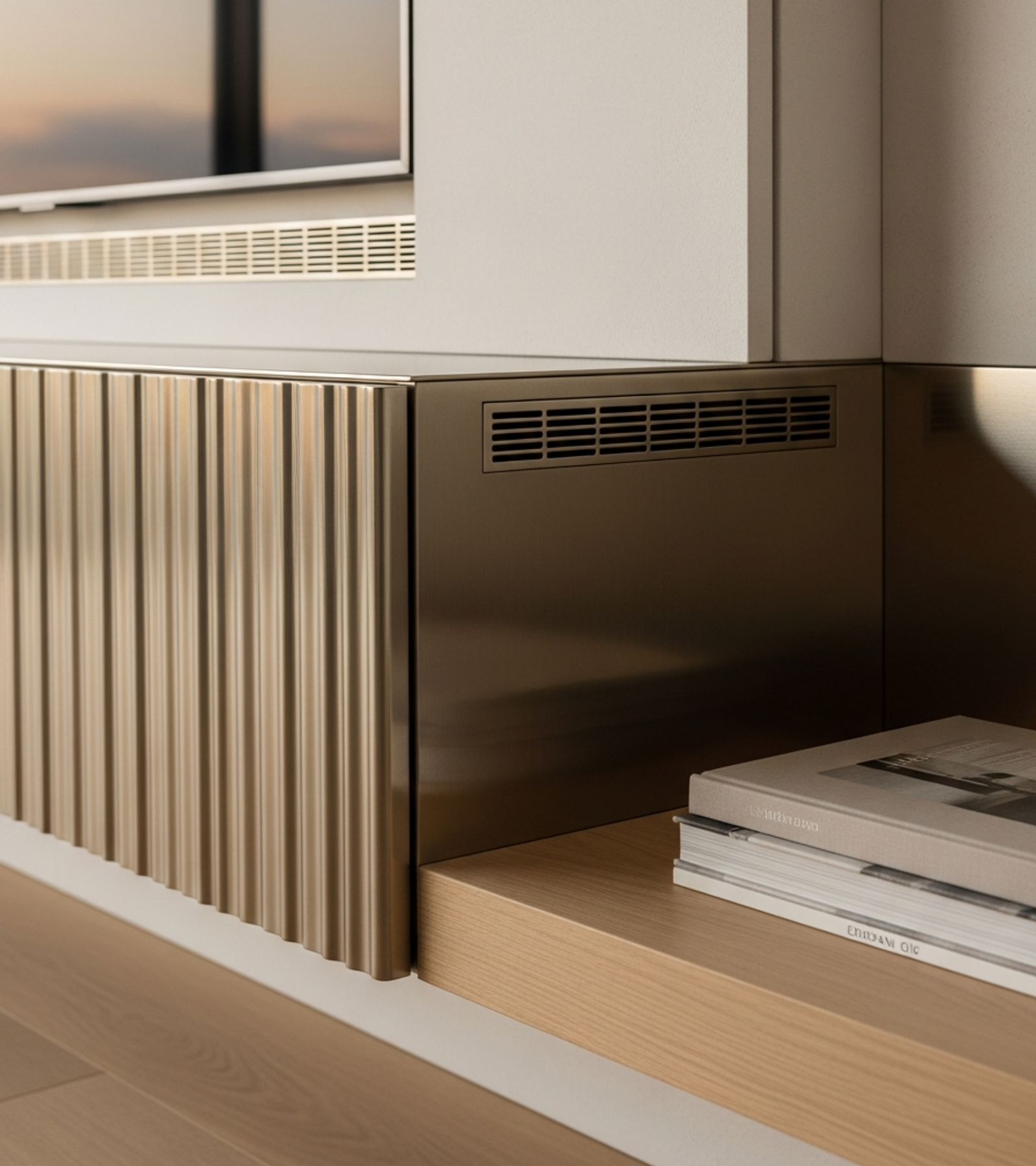 Fadior Essence Media Wall — close-up of stainless steel finish and hardware detail