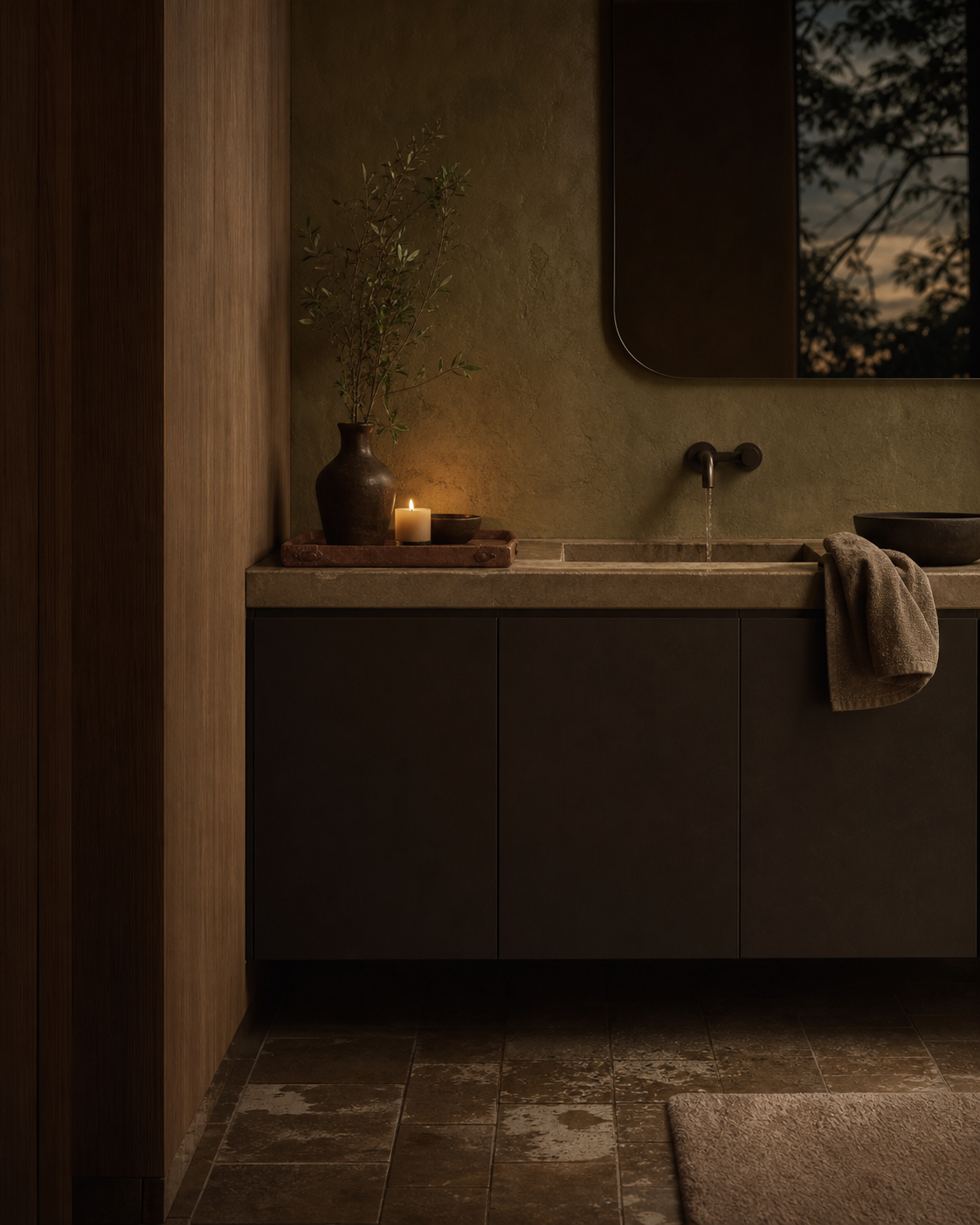 Vanity material mood study with smoked oak, matte cabinet face, aged tile, and warm plaster.