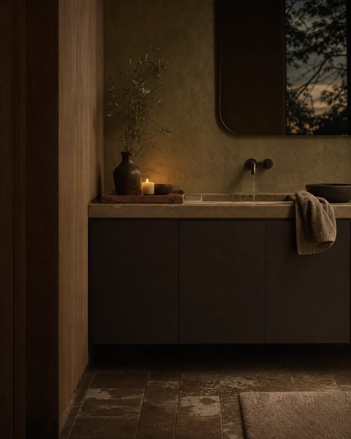 Vanity material mood study with smoked oak, matte cabinet face, aged tile, and warm plaster.