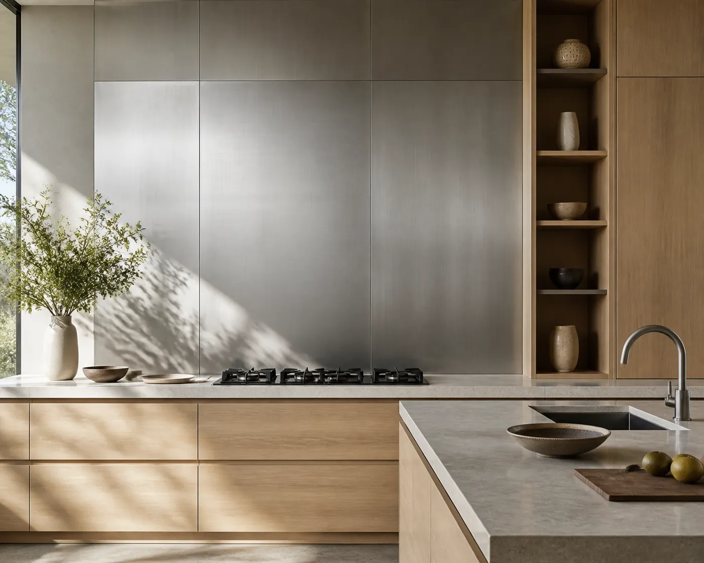 Wide contemporary kitchen with a continuous silver-gray backsplash, pale oak cabinetry and a creamy stone worktop.