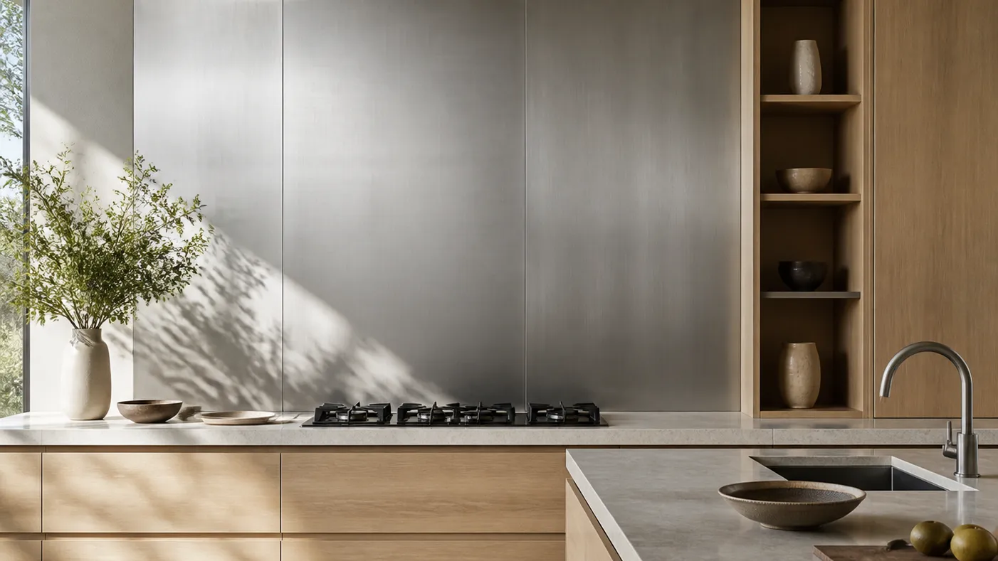 Wide contemporary kitchen with a continuous silver-gray backsplash, pale oak cabinetry and a creamy stone worktop.