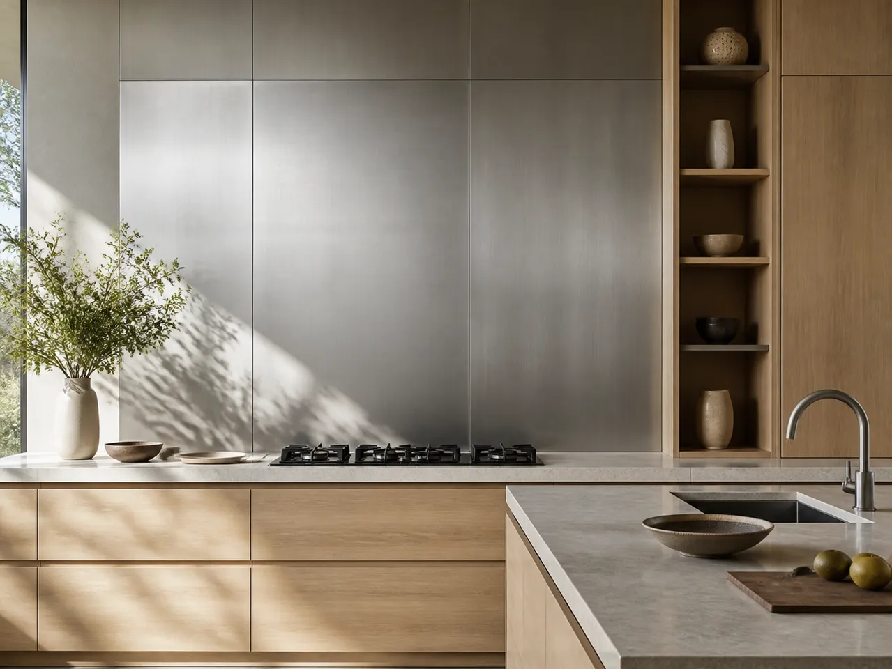 Wide contemporary kitchen with a continuous silver-gray backsplash, pale oak cabinetry and a creamy stone worktop. — 304 stainless steel cabinetry editorial by Fadior