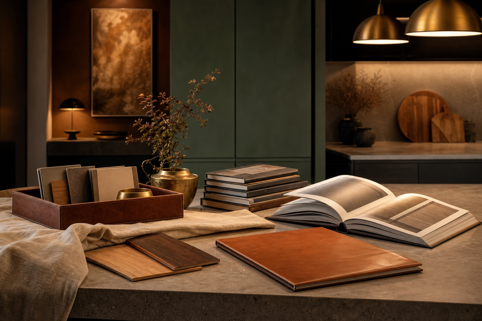 Kitchen material mood study with warm wood-grain boards, taupe linen, and muted green context.