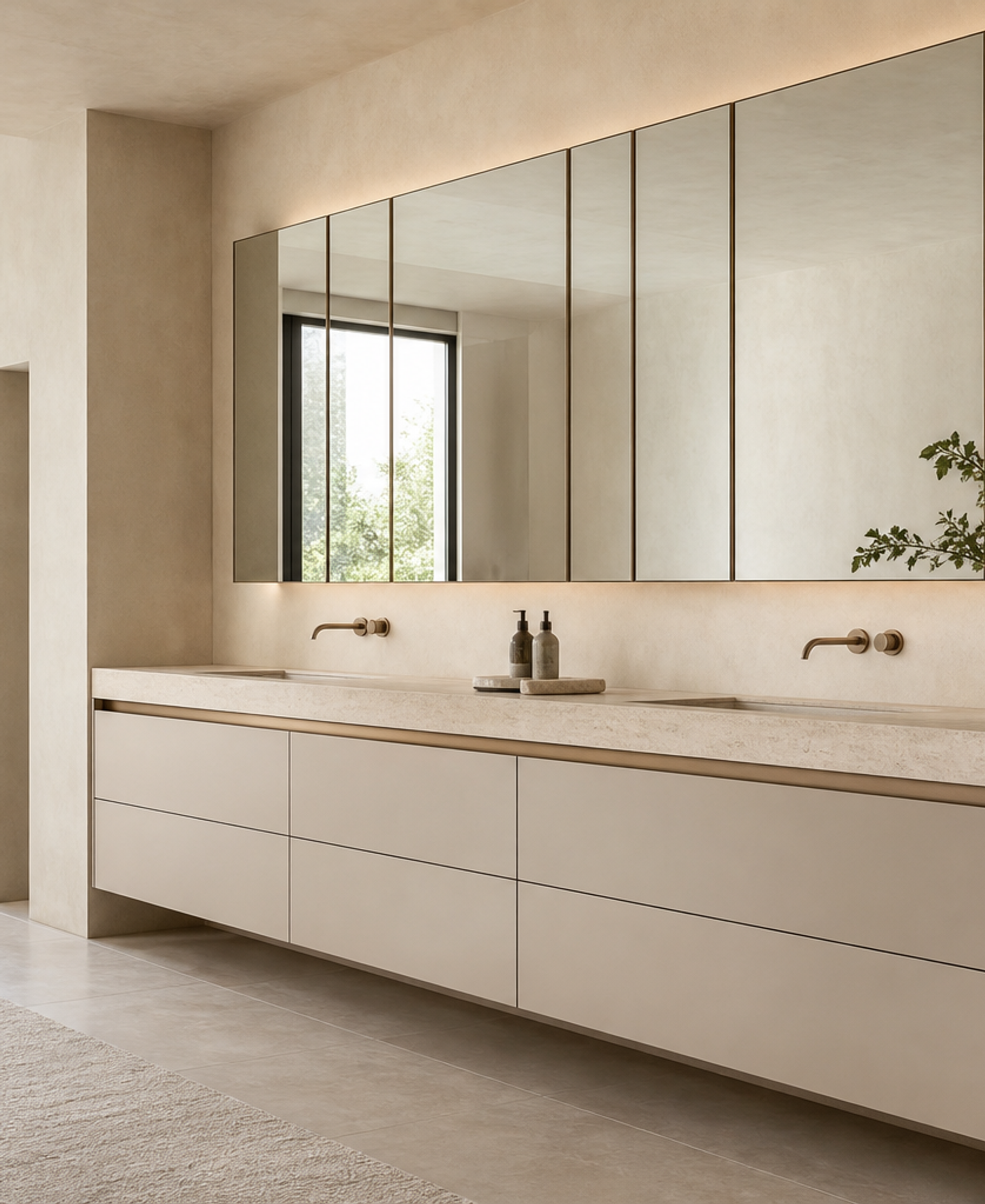 Fadior Ethereal Bath and Vanity Suite with Tailored Mirrorline Grid — 304 stainless steel bath and vanity system, front view