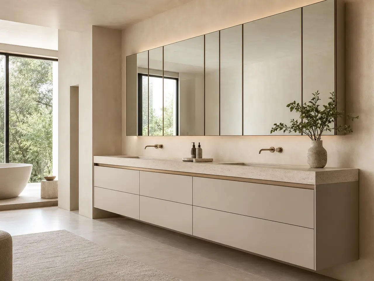 Fadior Ethereal Bath and Vanity Suite with Tailored Mirrorline Grid - waterproof 304 stainless steel bath vanity with mirror storage, moisture-resistant finishes, and grooming storage