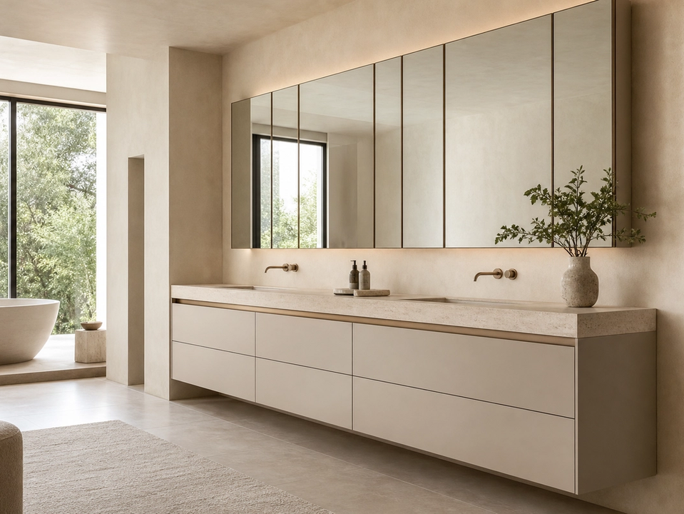 Fadior Ethereal Bath and Vanity Suite with Tailored Mirrorline Grid — 304 stainless steel bath and vanity system, front view