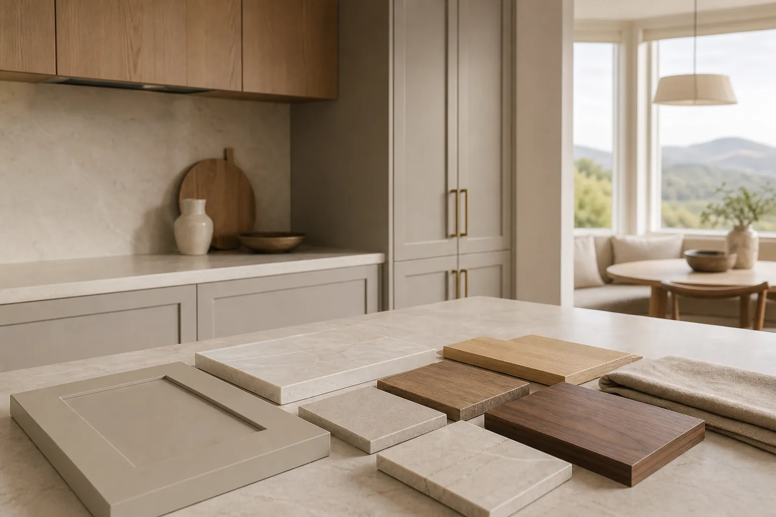 Material mood study: warm grey cabinetry, pale stone, oak, walnut, and linen arranged for order timing decisions.