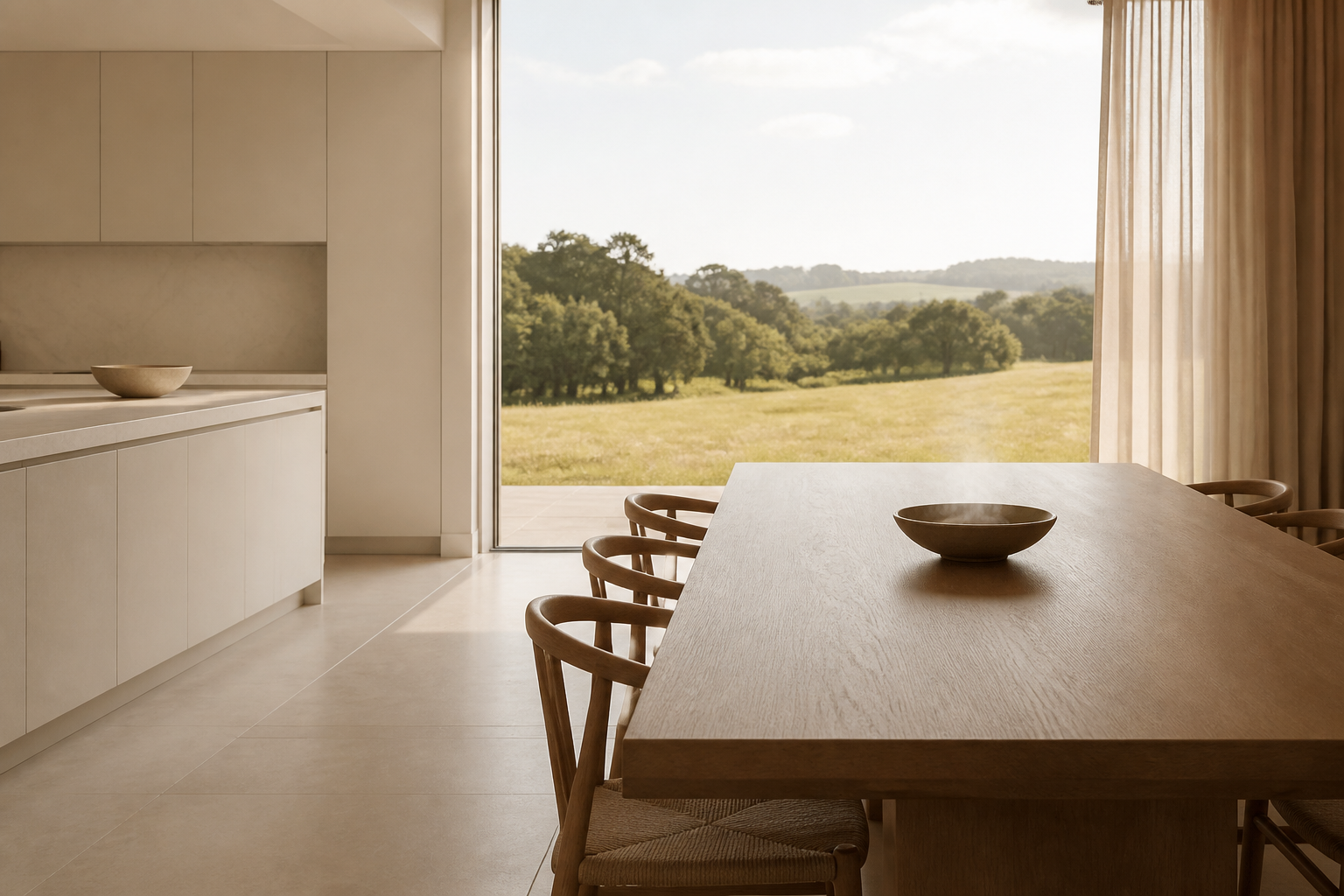 Fadior Wellington 420 sqm Kitchen Villa — Wellington villa dining table, kitchen island, terrace door, timber chairs,